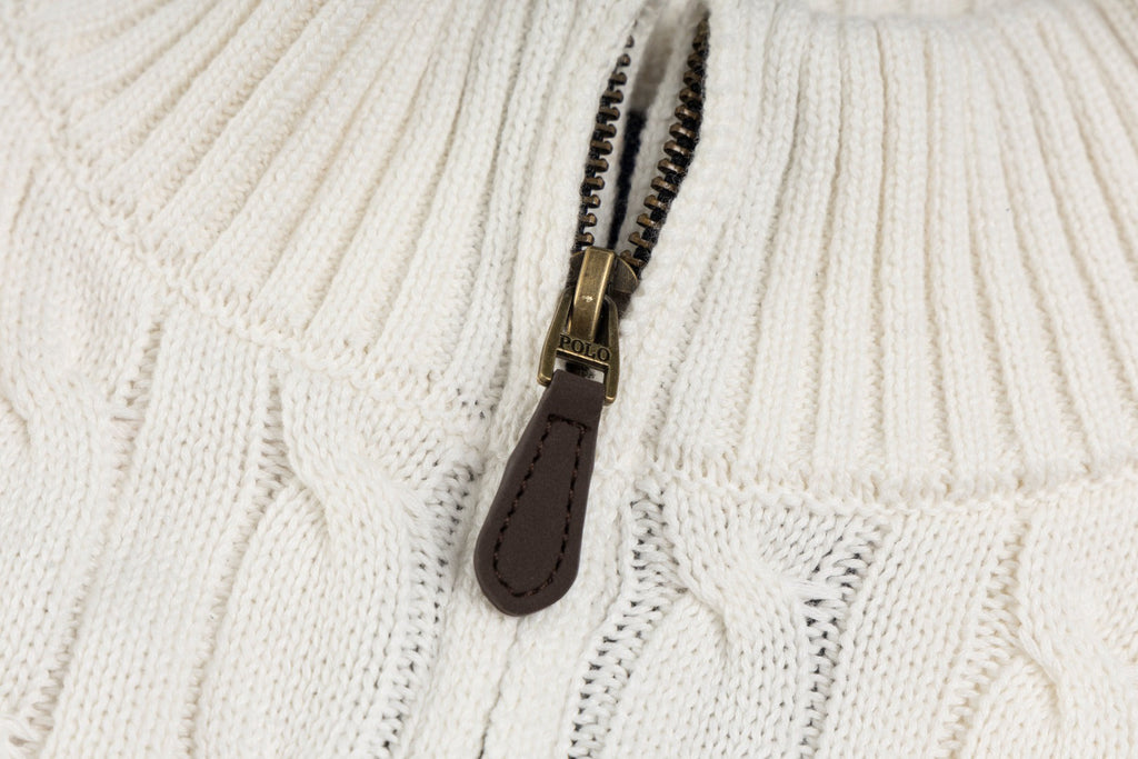 Ralph Lauren Men's Full‑Zip Cable Knit Stand Collar Cardigan Sweater With Navy Pony Logo