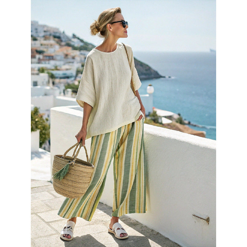 Women Boho Striped Print Round Neck Short Sleeve Wide Leg Beach Set