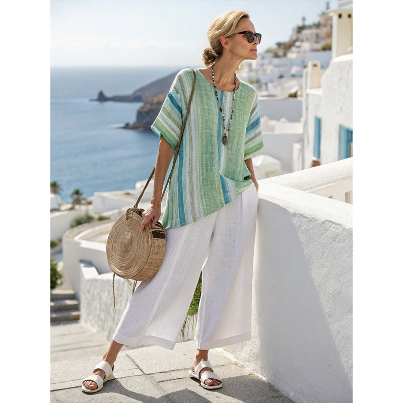 Women Boho Striped Print Round Neck Short Sleeve Wide Leg Beach Set
