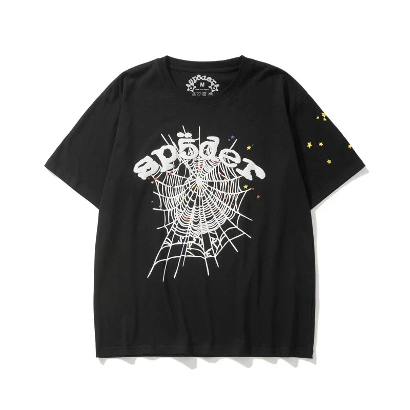 Sp5der White Logo & Spider Web Graphic Black Short Sleeve T-Shirt