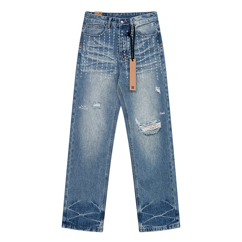 Ksubi Distressed Cross Embroidery Straight-Leg Jeans