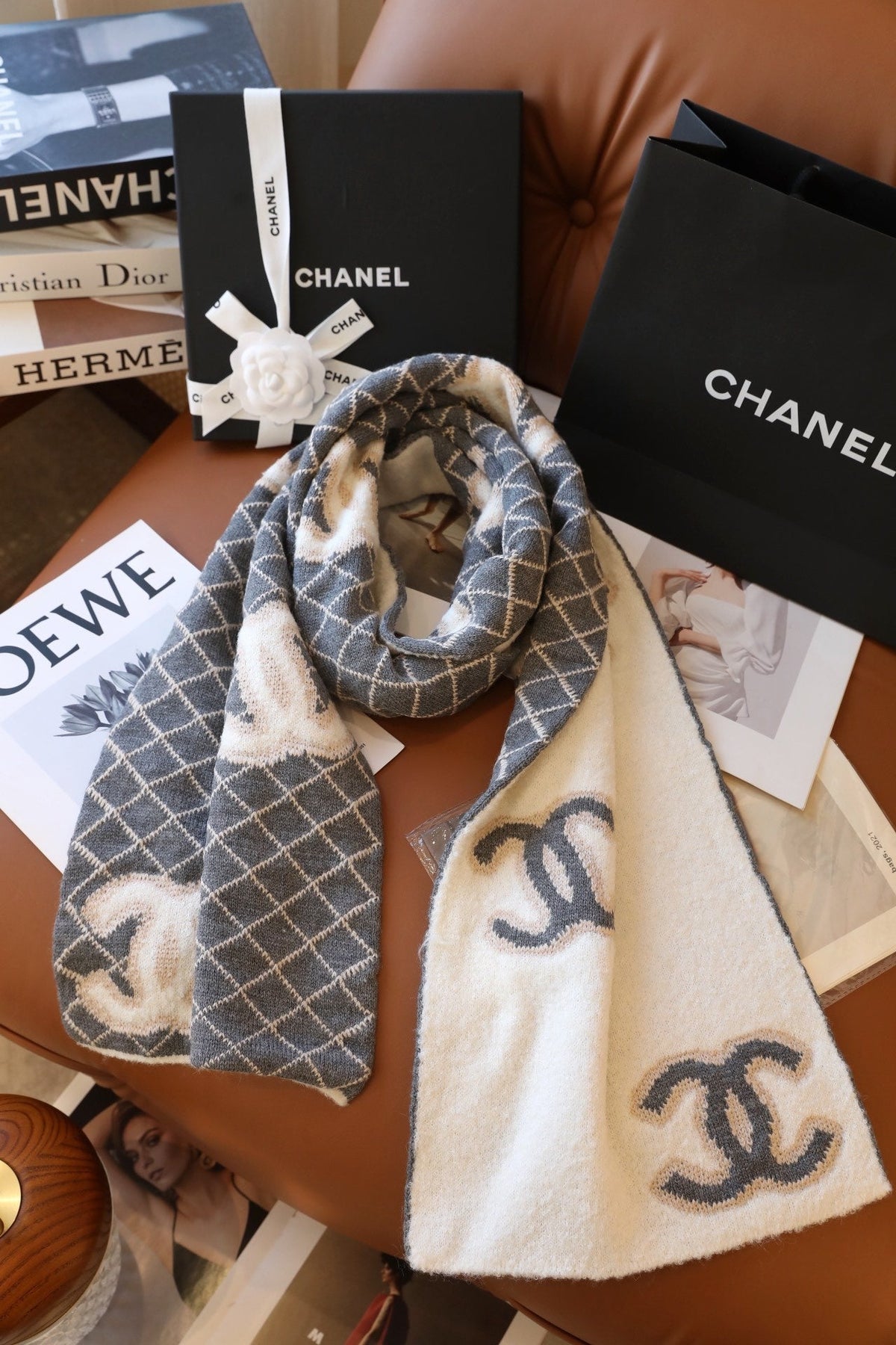 Chanel Style Fuzzy Reversible Diamond Logo Scarf