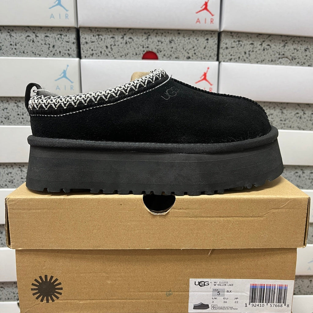 UGG Kallen Lace Platform Slipper – Women’s Suede Clog with White Braided Collar in Black