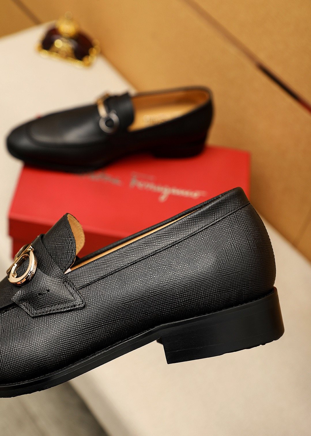 Ferragamo Black Buckle Leather Loafers - Slip-On Construction