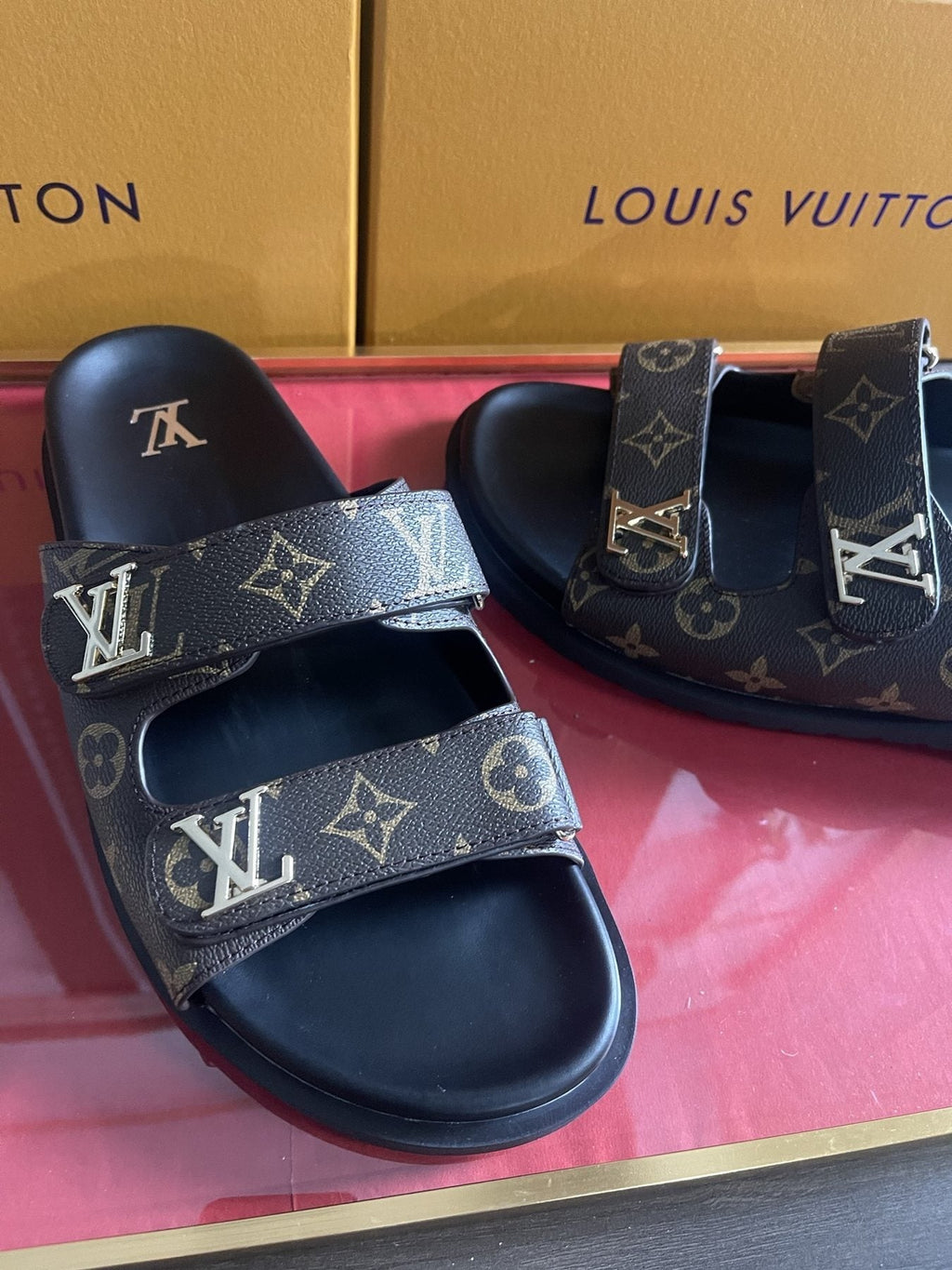 Louis Vuitton Dark Gray Monogram Slide Sandals - Double Monogram-Pattern Straps