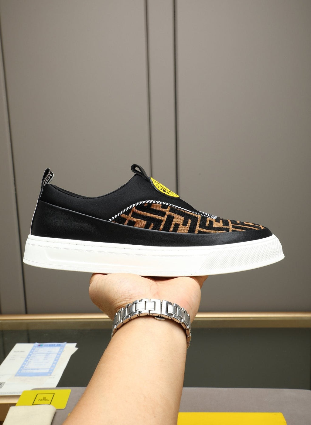 Fendi Men's Brown Panel Slip-On Sneakers