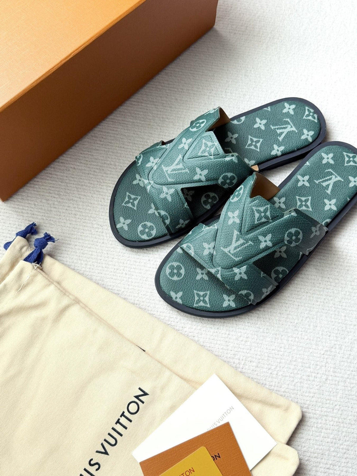 Louis Vuitton Dark Teal Monogram Slide Sandals - Dark Teal Green
