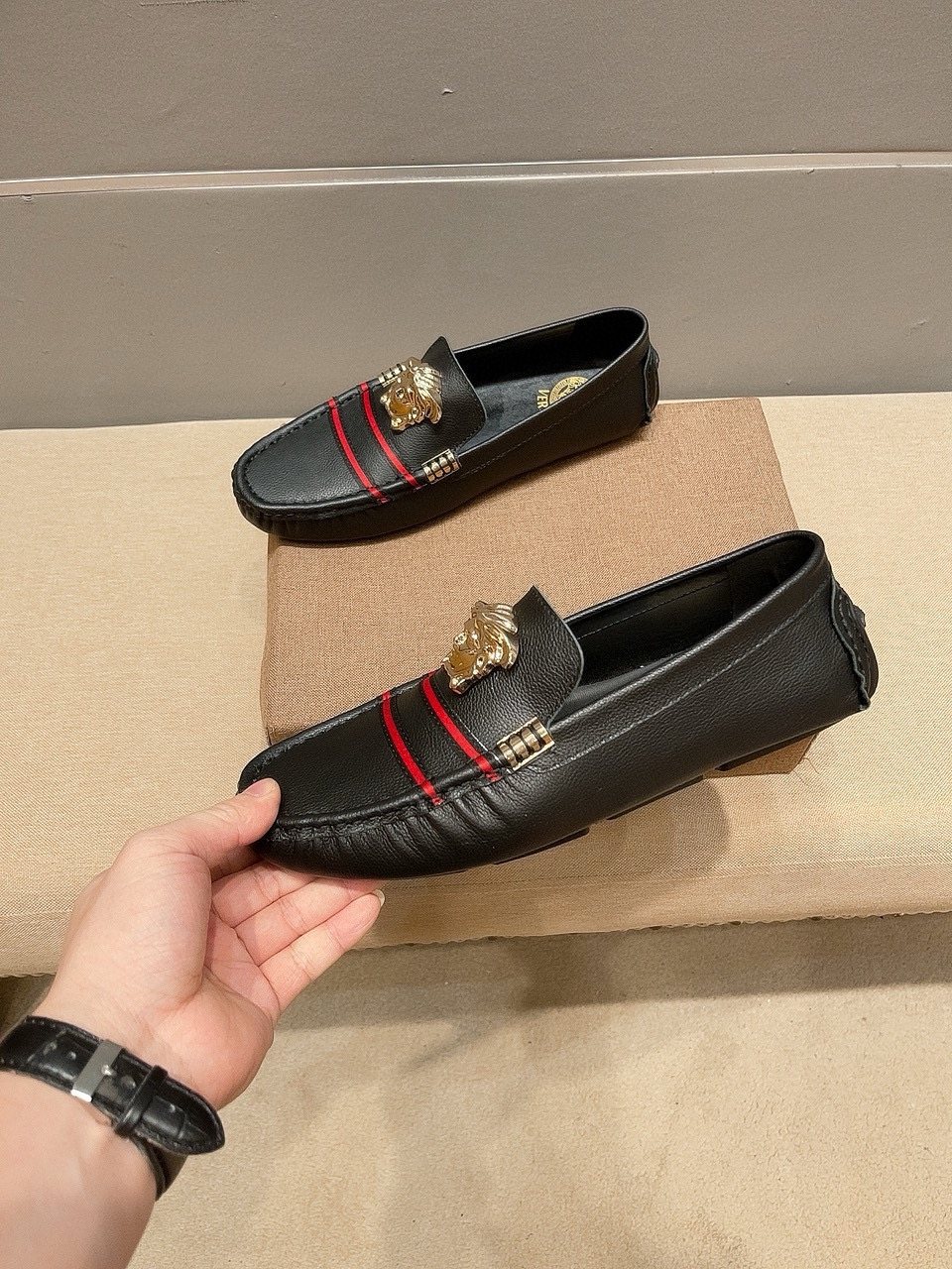 Versace Men's Black Red Stripe Slip-On Loafers