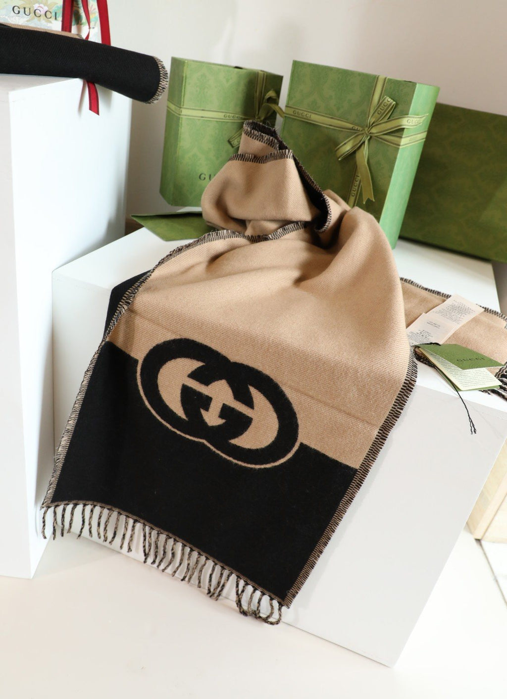 Gucci Beige and Black Fringed Scarf