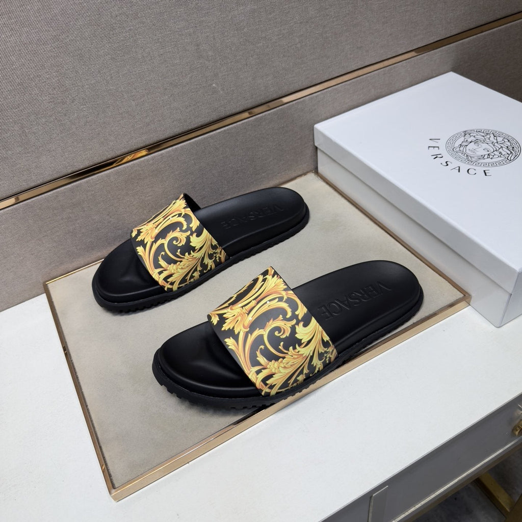 Versace Gold Patterned Strap Slide Sandals