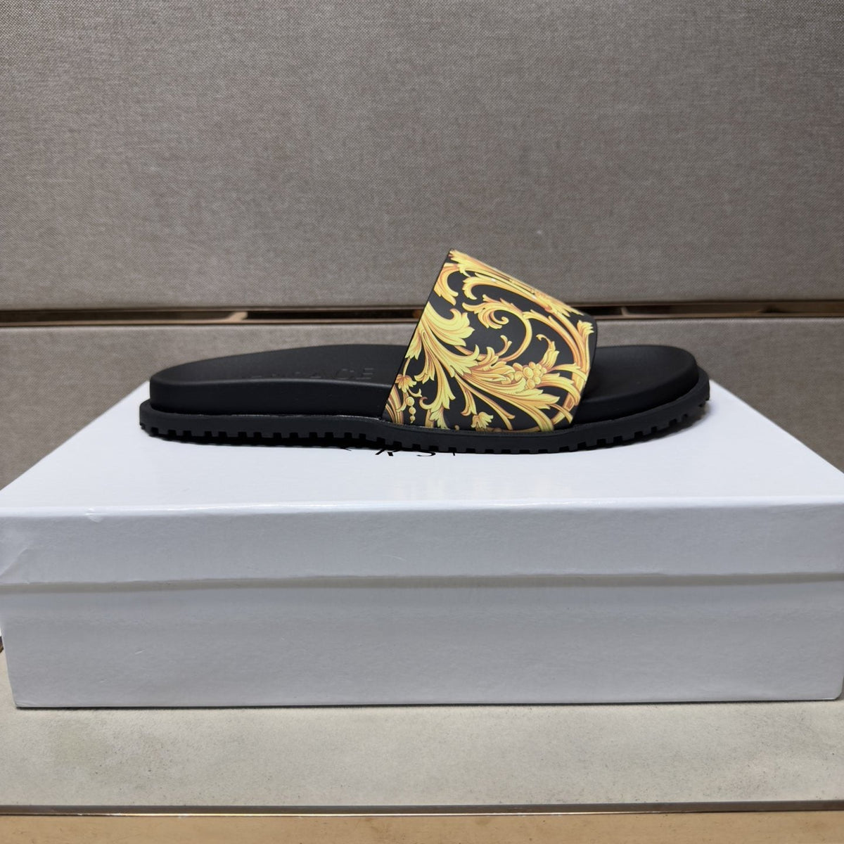 Versace Gold Patterned Strap Slide Sandals