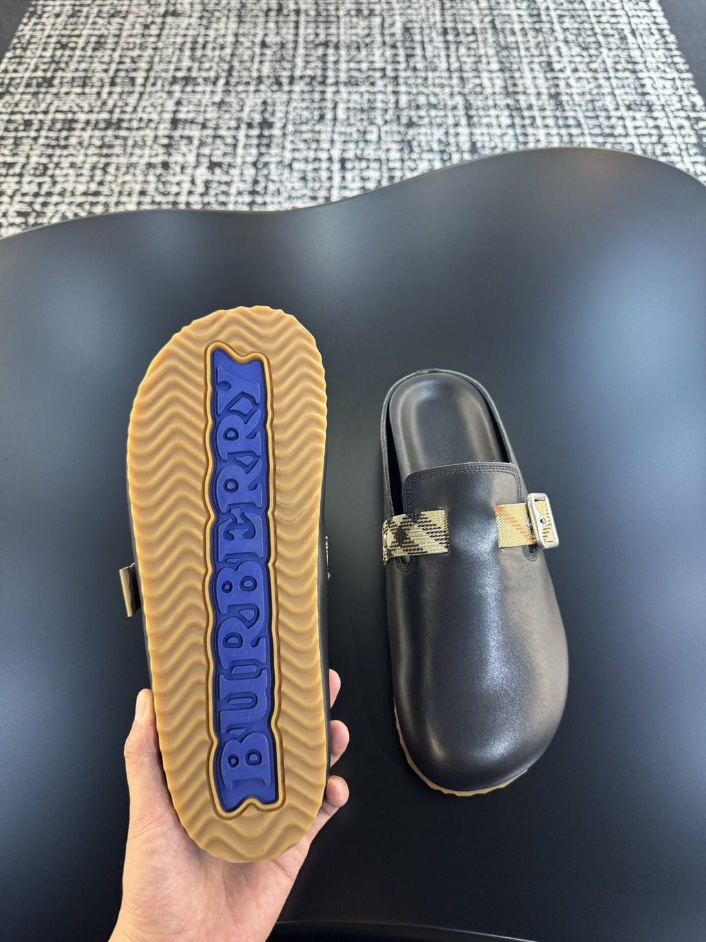 Burberry Men's Black Plaid Buckle Mule Sandals