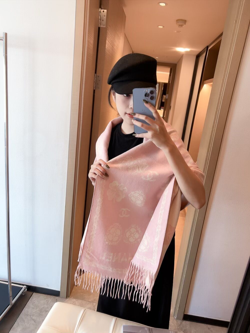 Chanel Logo-Pattern Fringed Scarf