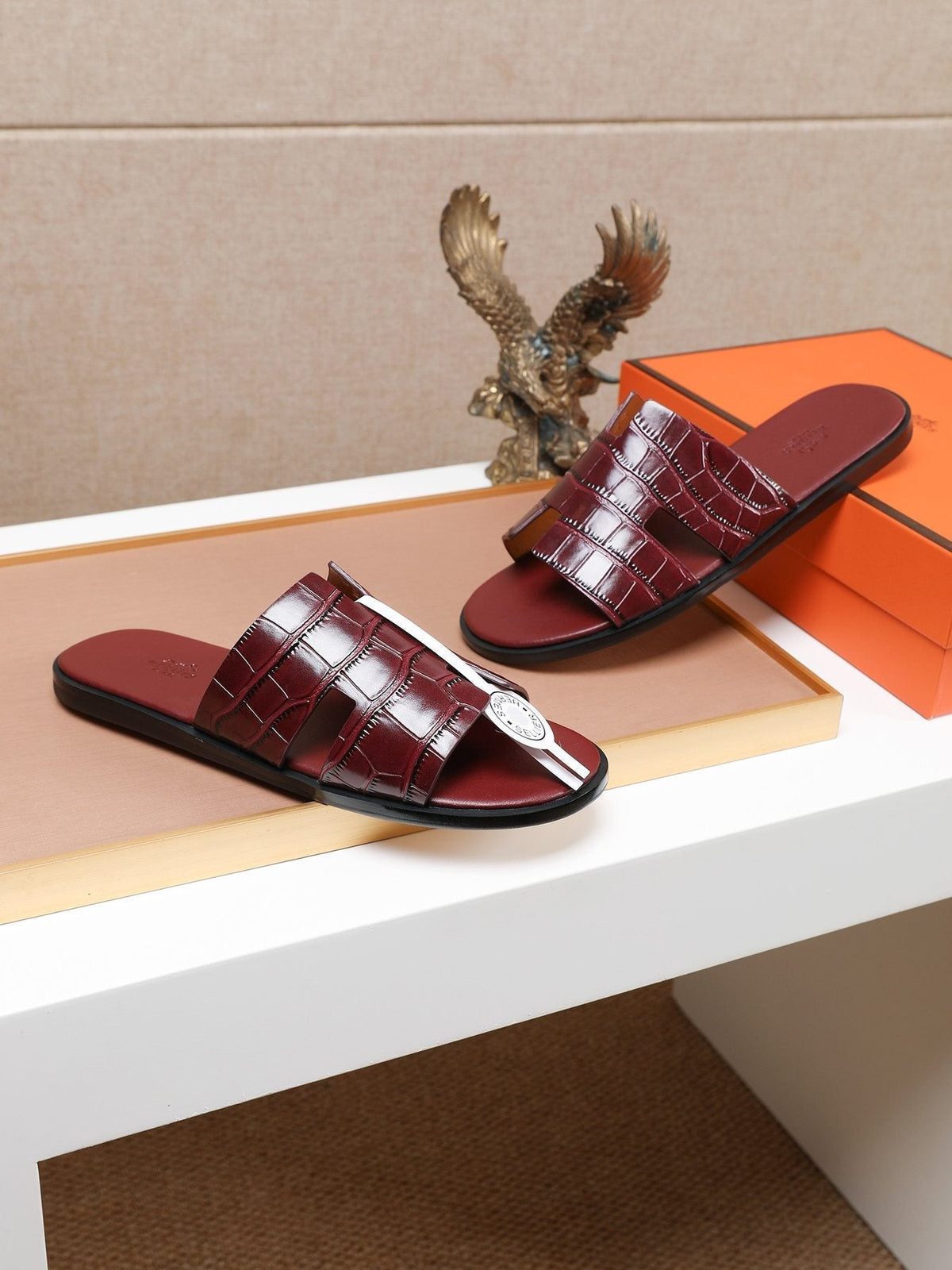 Hermès Burgundy Textured H Slide Sandals