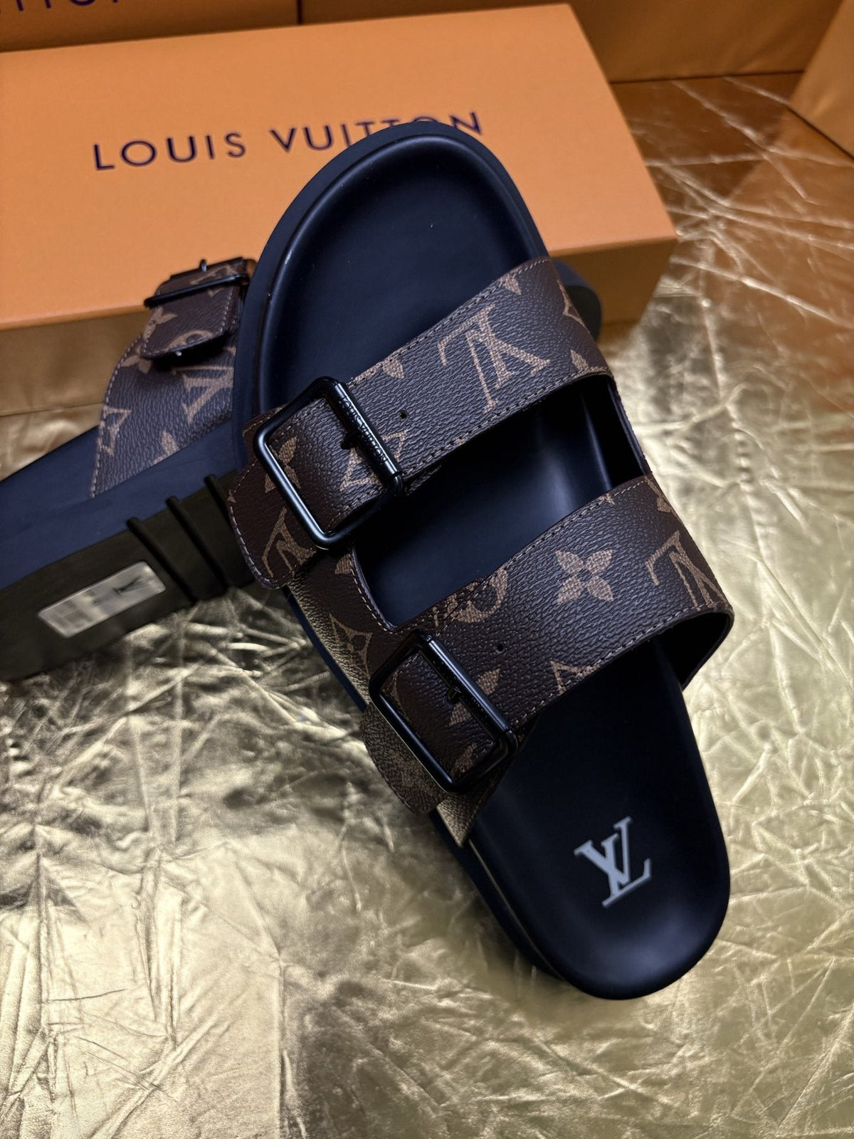 Louis Vuitton Monogram Double-Buckle Slide Sandals - Dark Brown and Black