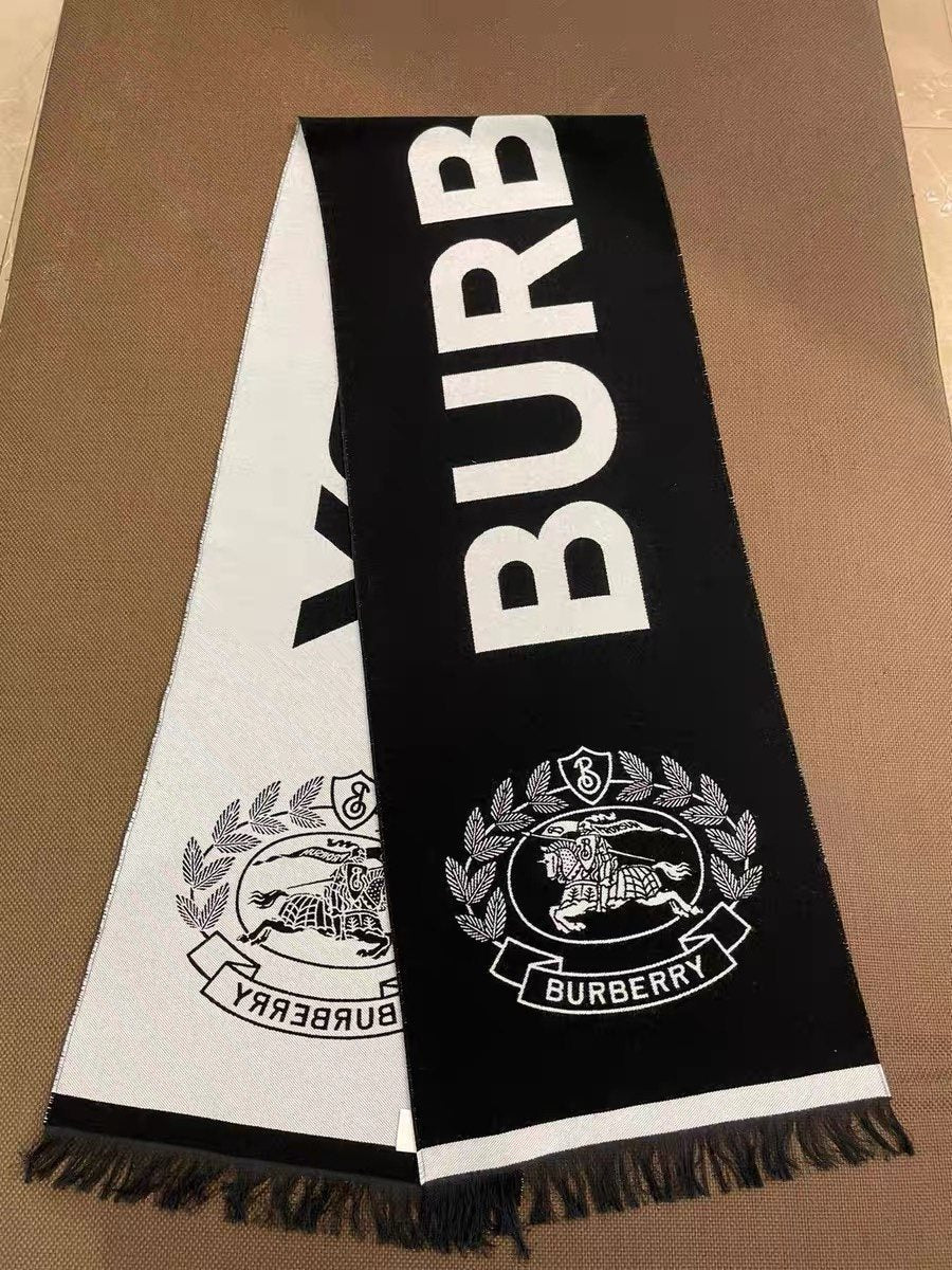 Burberry Black & Ivory Fringed Logo Scarf