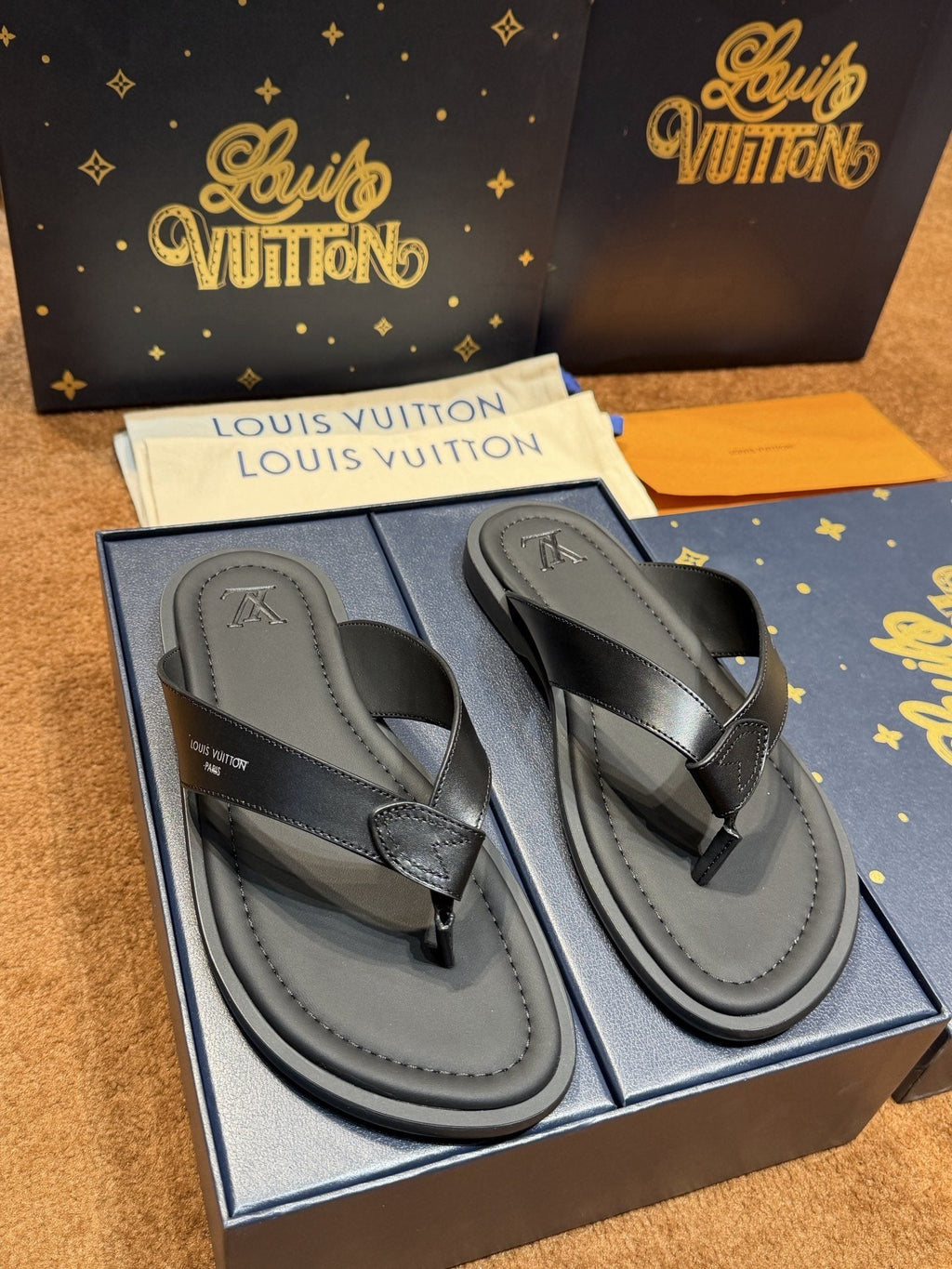 Louis Vuitton Dark Gray and Black Thong Sandals
