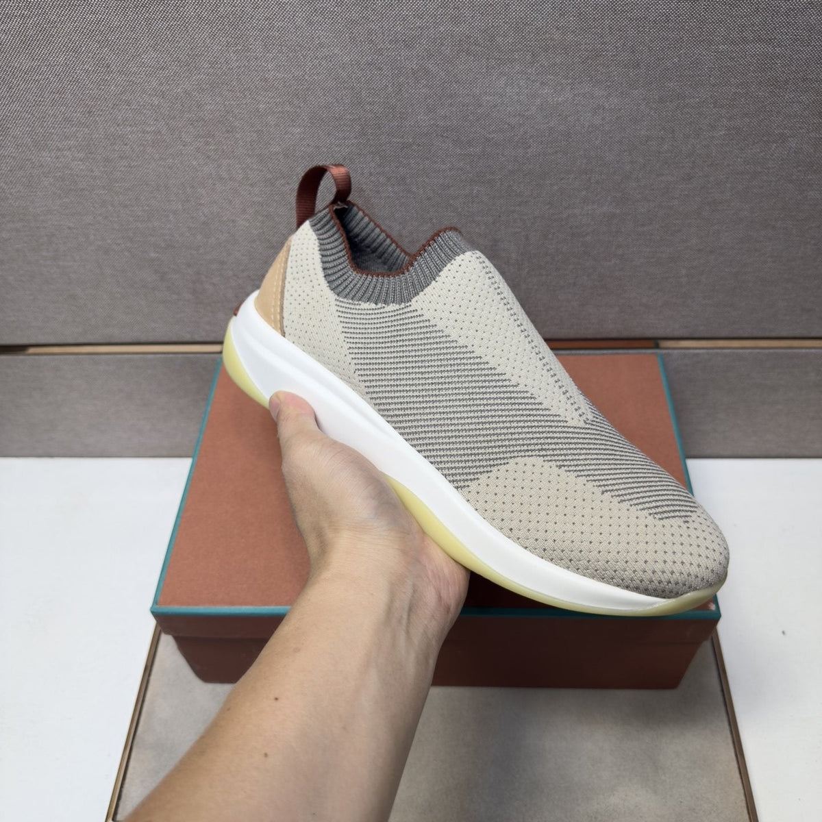 Men's Knit-Look Slip-On Sneakers - Light Gray, Beige & White
