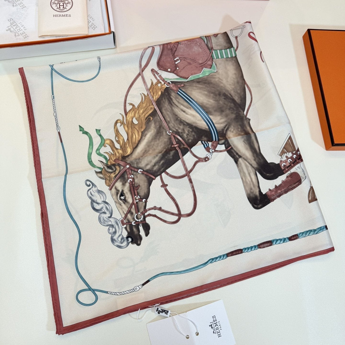 Hermès Cream Equestrian Silk Square Scarf