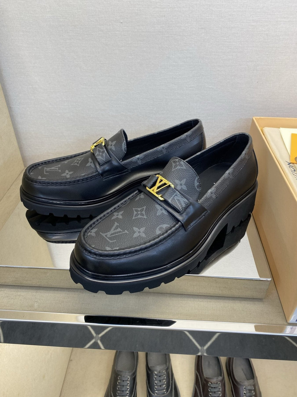 Louis Vuitton Men's Black Monogram Lug Sole Loafers - Moc-Toe Stitching