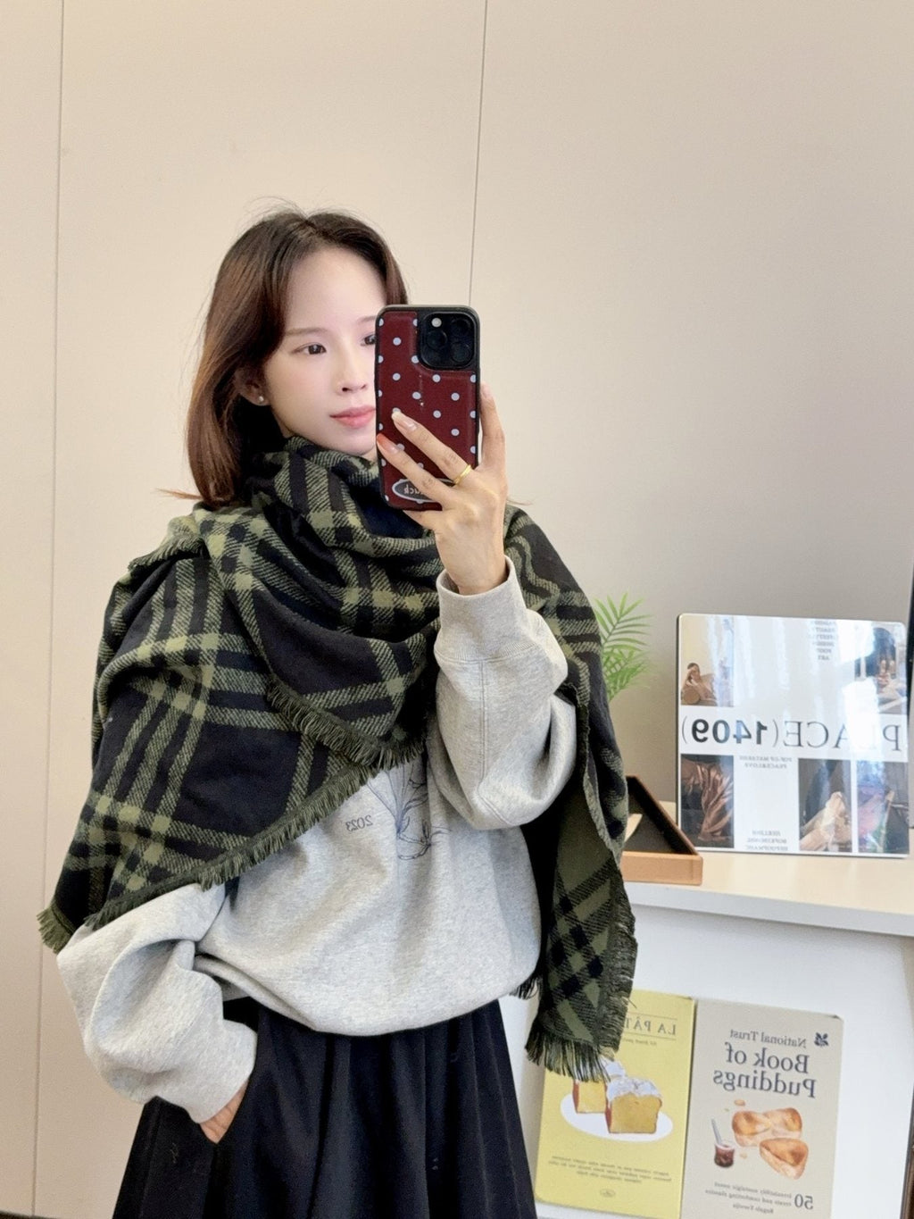 Burberry Black and Olive Green Plaid Scarf