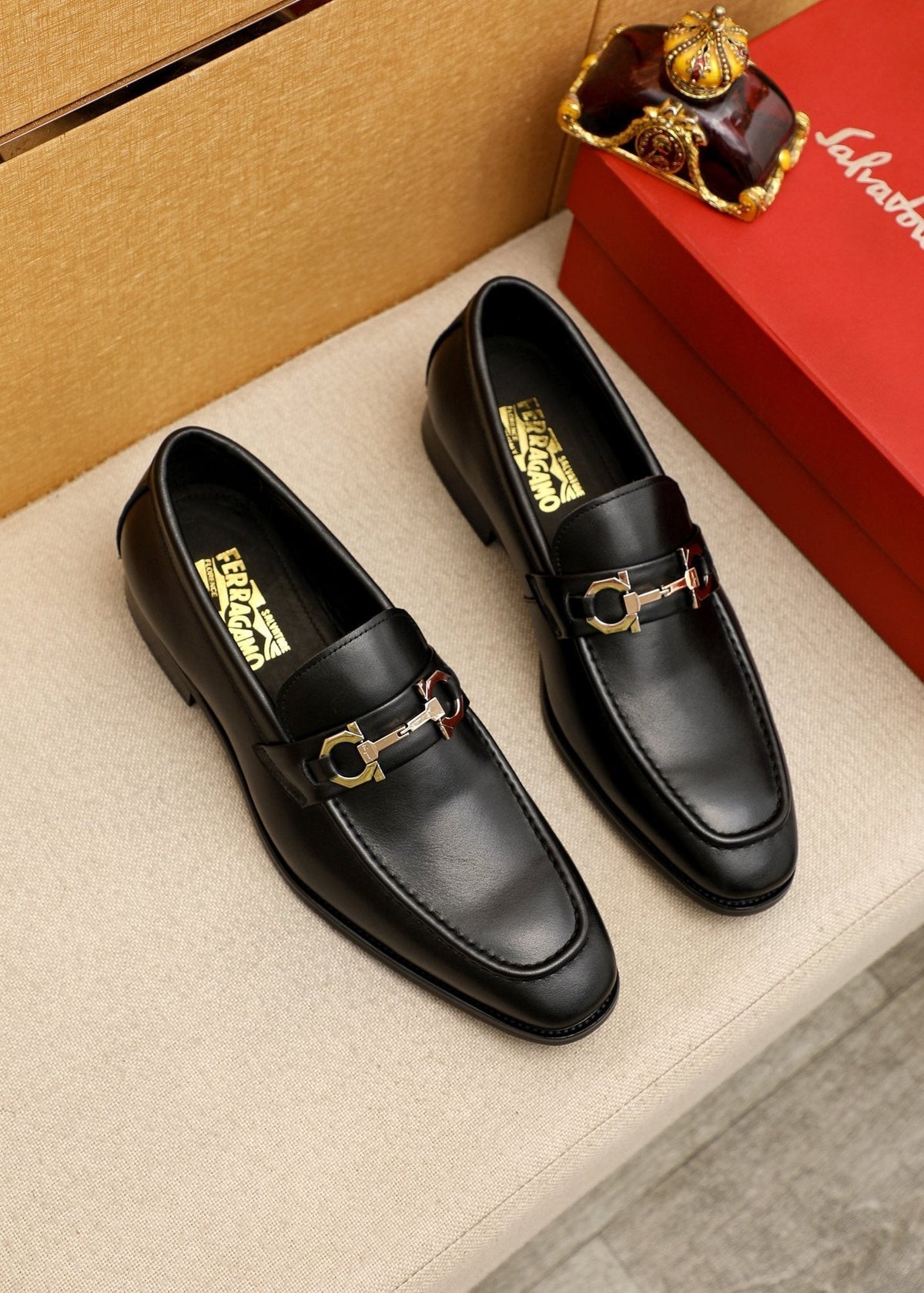 Salvatore Ferragamo Men's Black Buckle Loafers - Polished Metal Buckle Detail