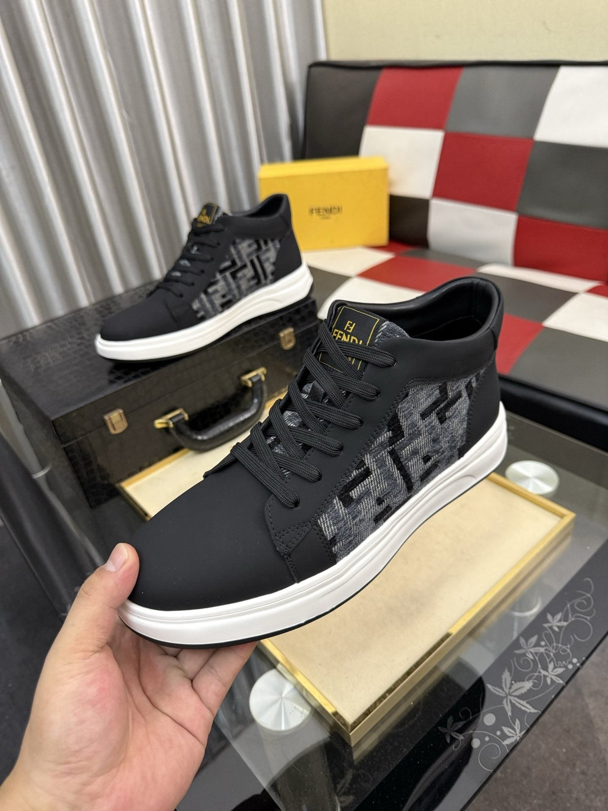 Fendi Patterned-Panel Lace-Up Sneakers