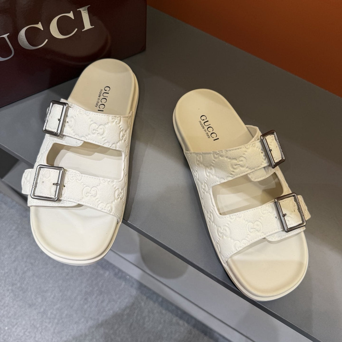 Gucci Two-Buckle Monogram Slide Sandals