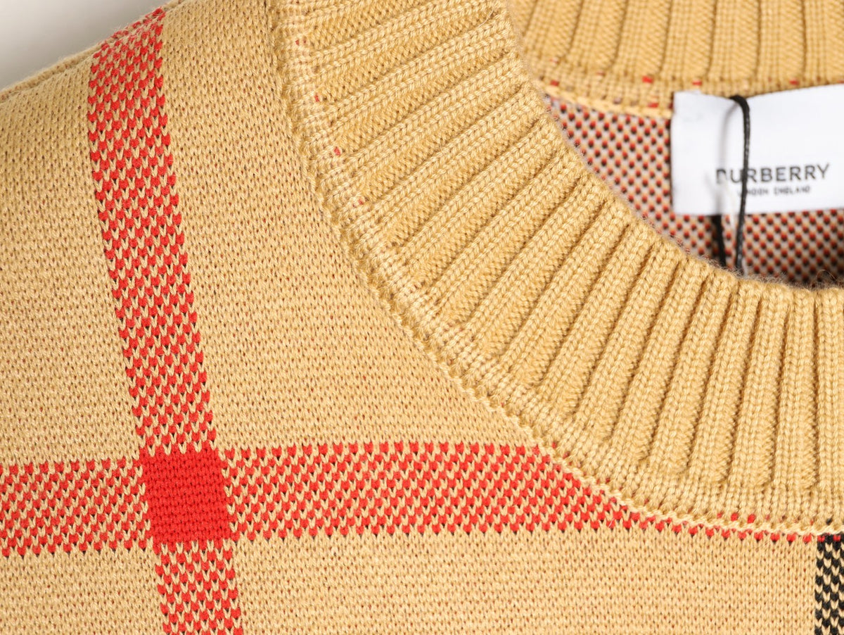 Burberry Oversized-Check Crewneck Knit Sweater - Camel