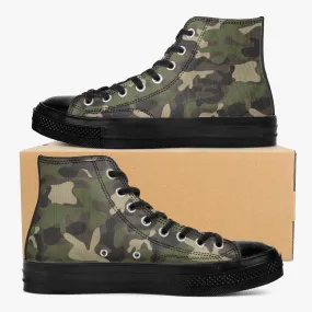 Camo High Top Shoes, Green Camouflage Black Lace Up Sneakers Footwear Rave Canvas Streatwear Designer Men Women Gift Idea